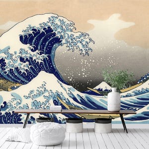 The Great Wave off Kanagawa Wall Mural Katsushika, Hokusai Wallpaper Masterpiece, Retro Wall Art Great Wave Decor Bedroom, Living Room X149