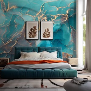 Turquoise Marble Texture Wallpaper Peel & Stick, Alcohol ink Abstract Art Wallpaper Modern, Self-Adhesive Wallpaper, Marble Wall Mural X835