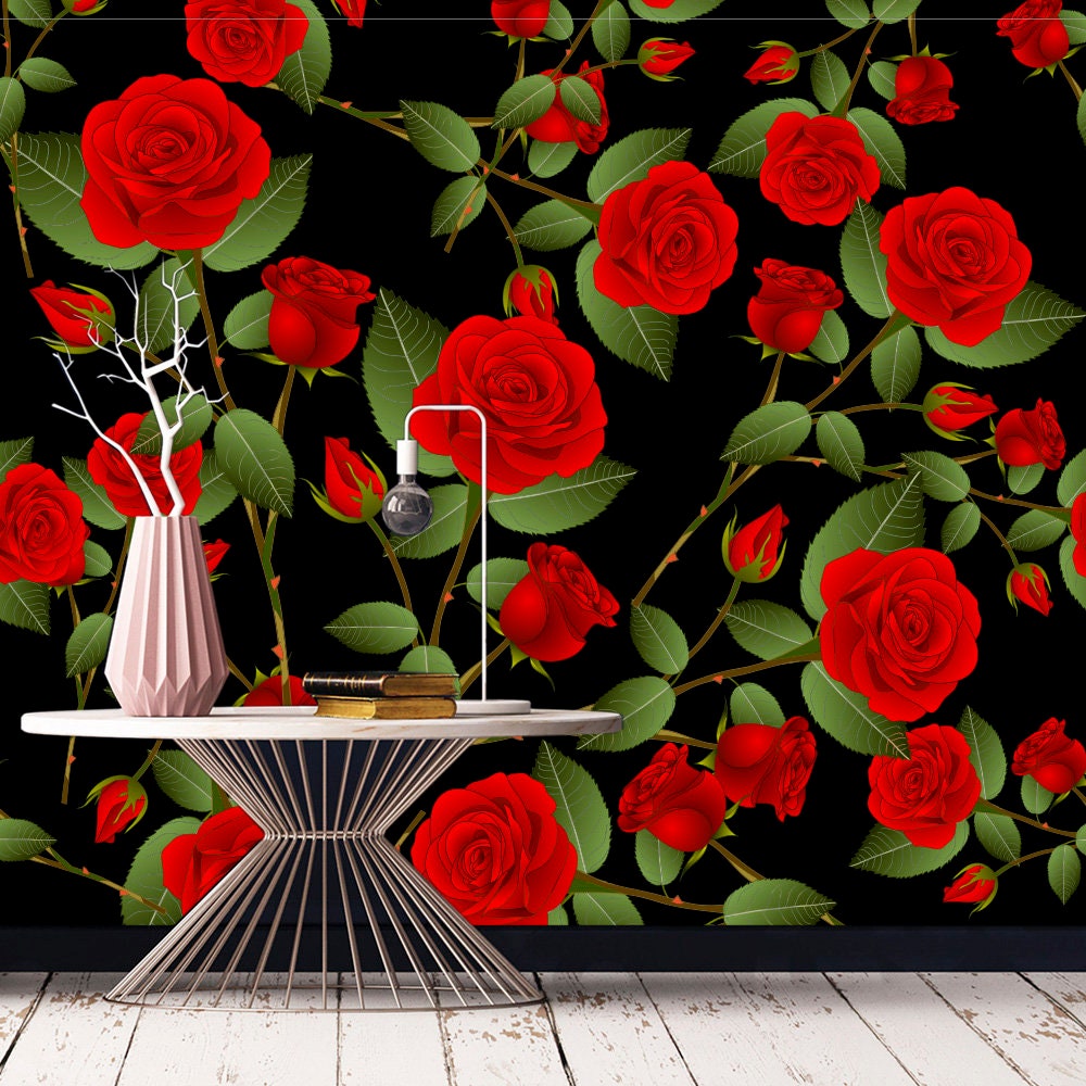 Dark Flower Wallpaper Black Floral Wallpaper Rose Removable - Etsy
