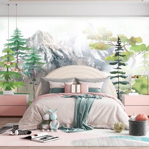 Foggy Forest Wallpaper Mural Kids Room, Ombre Mountain Girl Boy Nursery Wall Mural, Woodland Watercolor Wallpaper Toddler Room Playroom X85