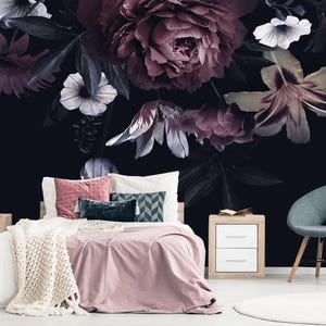 Accent Dark Floral Wallpaper Bedroom, Flower Wall Mural Girl Room, Peonies Peel and Stick Wallpaper Beauty Salon Removable Adhesive X332