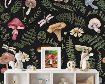 Dark Botanical Wallpaper Peel and Stick Mushroom Wallpaper Roll, Magic Forest Wallpaper Nursery Wall Mural Removable Adhesive Bedroom XC51