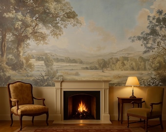 Scenic Countryside Pastoral Wallpaper Mural Bedroom, French Chateau Toile Wall paper Peel and Stick, Retro Landscape Mural Removable MM60