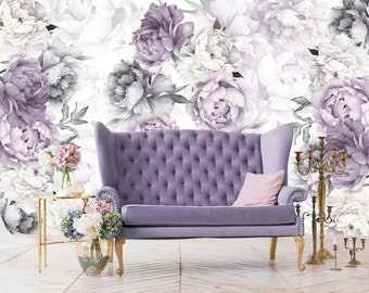 Purple Peony Wallpaper Mural Nursery Girl. Pastel Peony Wall Art Flower Wallpaper Kid Room Remove Self Adhesive Wallpaper Peel & Stick X647