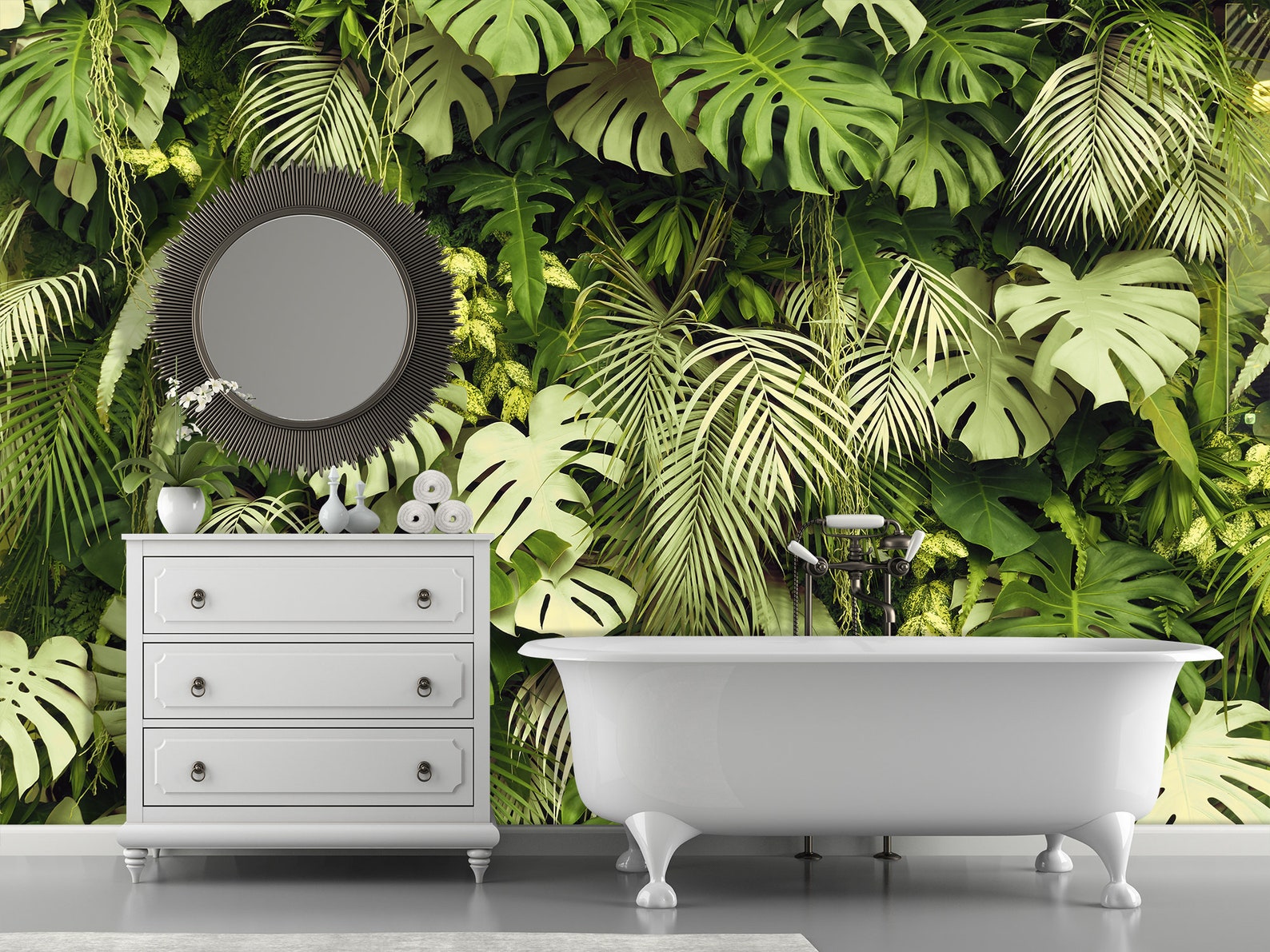 Green Botanical Wall Mural. Tropical Leaves Wallpaper Dark. Etsy