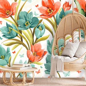 Floral Wallpaper Tulips Flower Wallpaper, Watercolor Girls Removable Wallpaper Mural Self Adhesive Wall paper, Peel and Stick Wallpaper X219