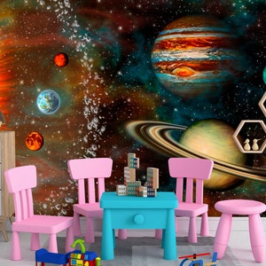 Self Adhesive Kids Nursery Solar System Wallpaper,  Peel and Stick Cosmic Wall Mural Removable, Rainbow Galaxy Eco Decor Girl Boy Room X176