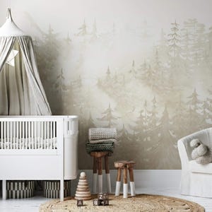 Pine Forest Wallpaper Woodland Neutral Nursery, Whimsical Wall Mural Toddler Boy Girl Room, Hunting Decor Playroom with Ombre Mountains X101 bild 2