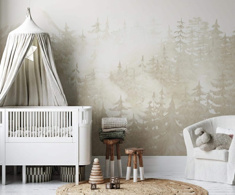 Pine Forest Wallpaper Woodland Neutral Nursery, Whimsical Wall Mural Toddler Boy Girl Room, Hunting Decor Playroom with Ombre Mountains X101 bild 2