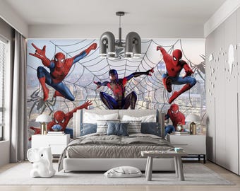 Spiderman Wallpaper for Boy Room, New York Cityscape Wall Mural Nursery, Superhero Art Adhesive Peel & Stick Wall Decor Game RlayRoom X429