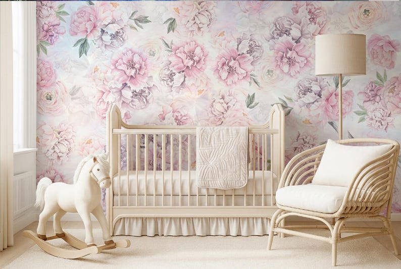 Purple and Pink Peony Wallpaper Mural Nursery Girl, Pastel Wall Mural ...