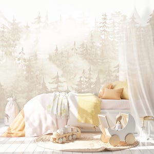 Pine Forest Wallpaper Woodland Neutral Nursery, Whimsical Wall Mural Toddler Boy Girl Room, Hunting Decor Playroom with Ombre Mountains X101 bild 6