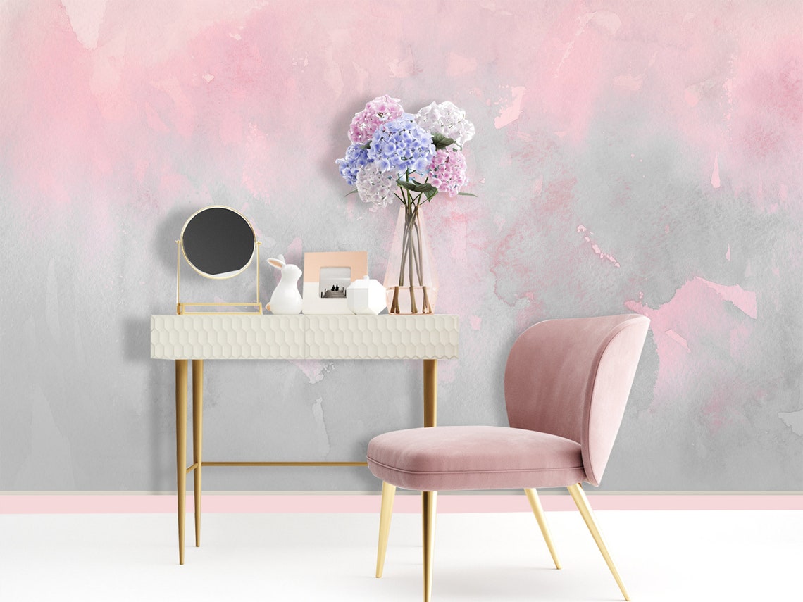 Pink Grey Watercolor Ombre Wallpaper Nursery Paint Stains Etsy