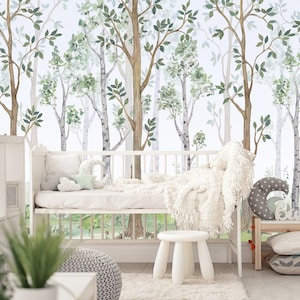 Birch Tree Forest Wallpaper Peel and Stick Nursery, Woodland Baby Unisex Wall Mural Kids Room, Hunting Playroom Wallpaper Outlander X14