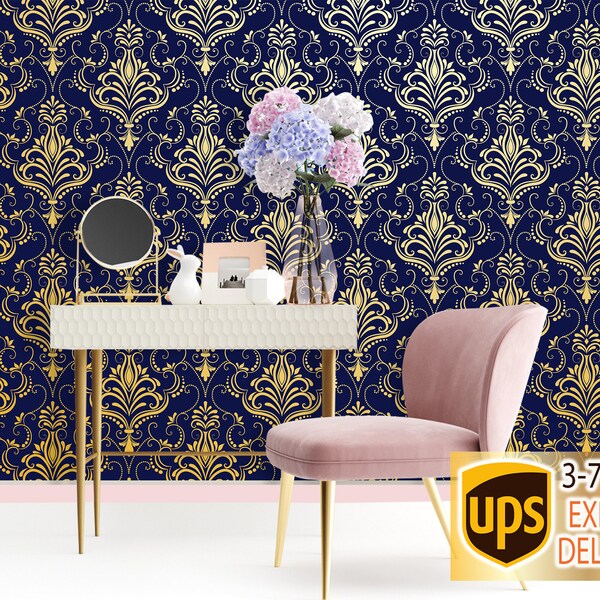 Damask Wallpaper Navy Etsy