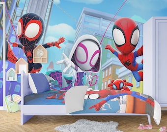 Superheld Spider en zijn geweldige vrienden Wallpaper Peel Stick, Cartoon Spiderman Wallpaper Boys Game Room, Muurschildering Kinderdagverblijf Kid Decor X145
