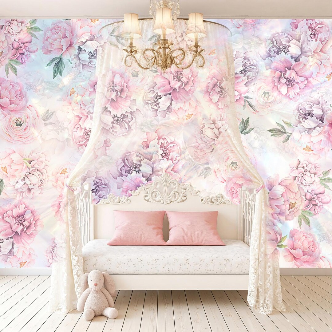 Purple and Pink Peony Wallpaper Mural Nursery Girl, Pastel Wall Mural ...