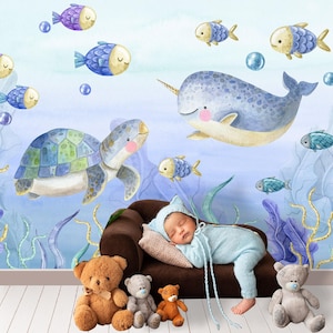 Blue Watercolor Underwater Wallpaper Nursery, Nautical Wall Mural For Kids Play Room, Ocean Marine Wall Decor Toddler Bedroom Girl Boy X943