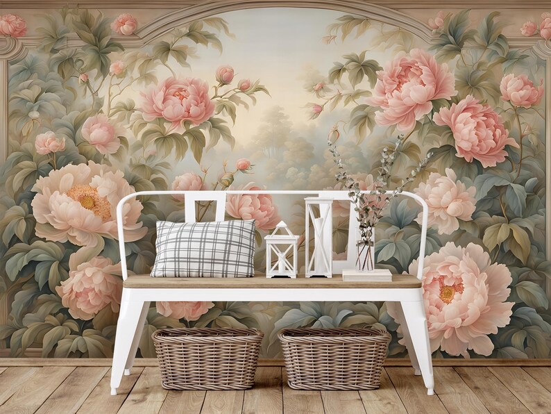 Classic Pastel Peony Wallpaper Peel and Stick Girl Room, Vintage Floral ...