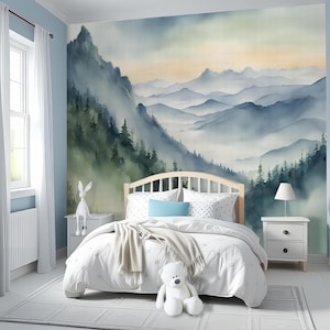 Misty Mountain Wallpaper Peel and Stick Serene Forest Mural with Foggy Pines Nature Wall Art for Nursery, Cabin, or Boho Woodland Decor MM47