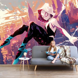 Superhero Spider Wallpaper Peel and Stick, Cartoon Gwen Wallpaper Mural Boys Girls Room, Spiderman Self Adhesive Kids Bedroom Decor X162