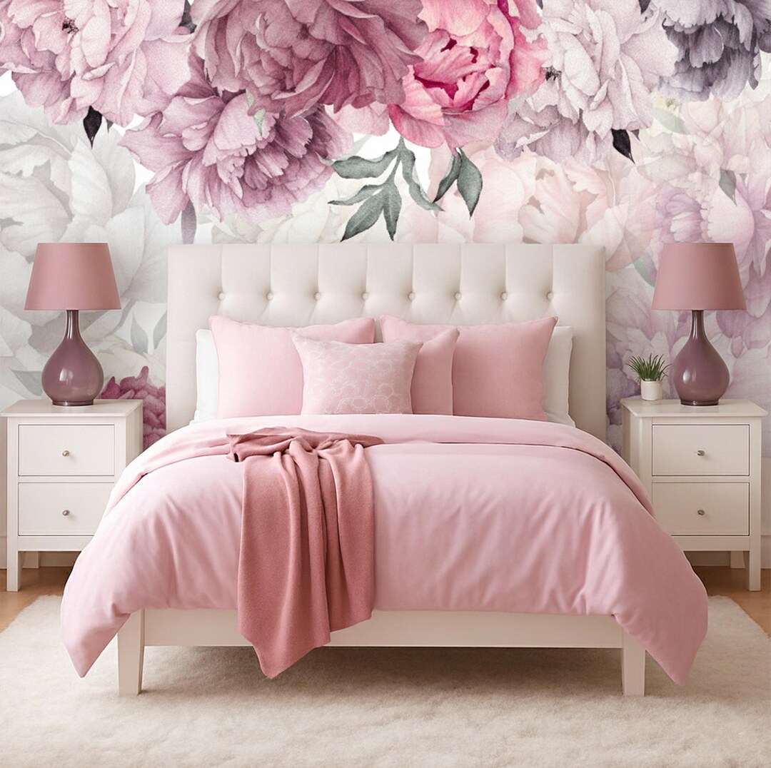 Bright Pink Peony Wall Mural Bedroom, Flower Wallpaper Girl Nursery ...