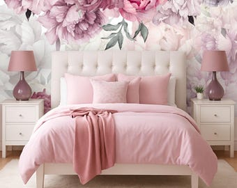 Bright Pink Peony Wall Mural Bedroom, Flower Wallpaper Girl Nursery, Floral Removable Wallpaper Self Adhesive, Peonies Wall Covering X715