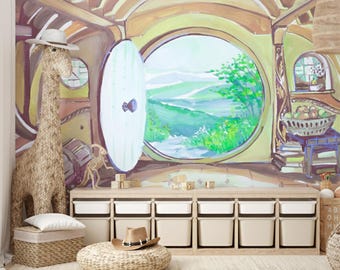 Bag End Painting Wallpaper Hand Draw, Lord Watercolor Wall Mural  Self Adhesive Nursery, Fantasy Art Jrr Rings "In a Hole in the..." X896