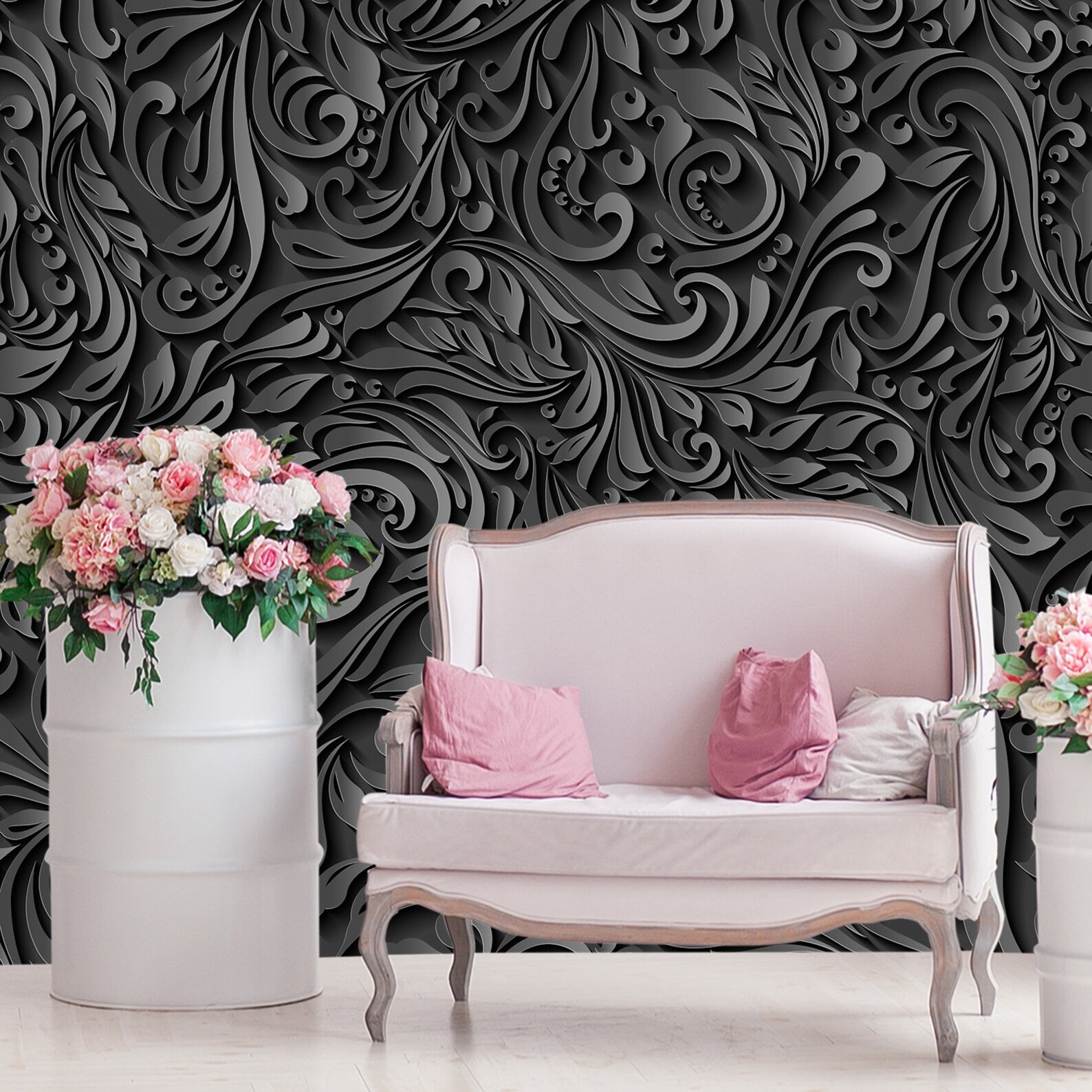 Dark Floral Wallpaper 3D. Black & White Wallpaper. Luxury Wall Etsy