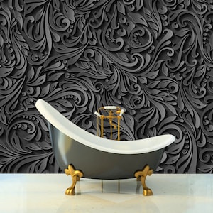 Dark Floral Wallpaper 3D. Black & White Wallpaper. Luxury wall decor. Remove Wallpaper Mural. Self Adhesive Wallpaper Peel and Stick X316
