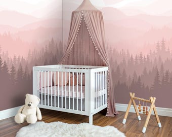 Soft Pink Forest Wallpaper Girl Nursery, Ombre Wallpaper Toddler Room, Mountain Wall Paper Mural Self Adhesive Peel and Stick X124