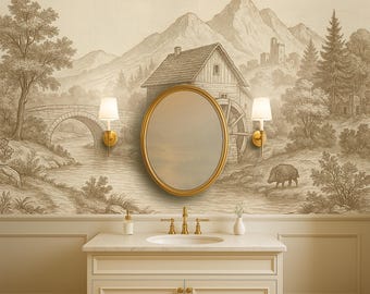 French Chateau Toile Wallpaper Peel and Stick, Scenic Countryside Pastoral Wallpaper  Bedroom, Vintage Landscape Mural Removable MM88