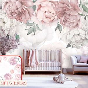 Soft Pastel Peonies Wallpaper Girl Room, Watercolor Peony Flower Wall Mural Nursery, Fable Floral Adhesive Peel and Stick Non Woven X581