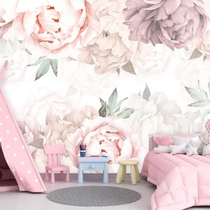 Soft Pastel Peony Flower Wallpaper Girl Nursery. Floral Wall Mural ...