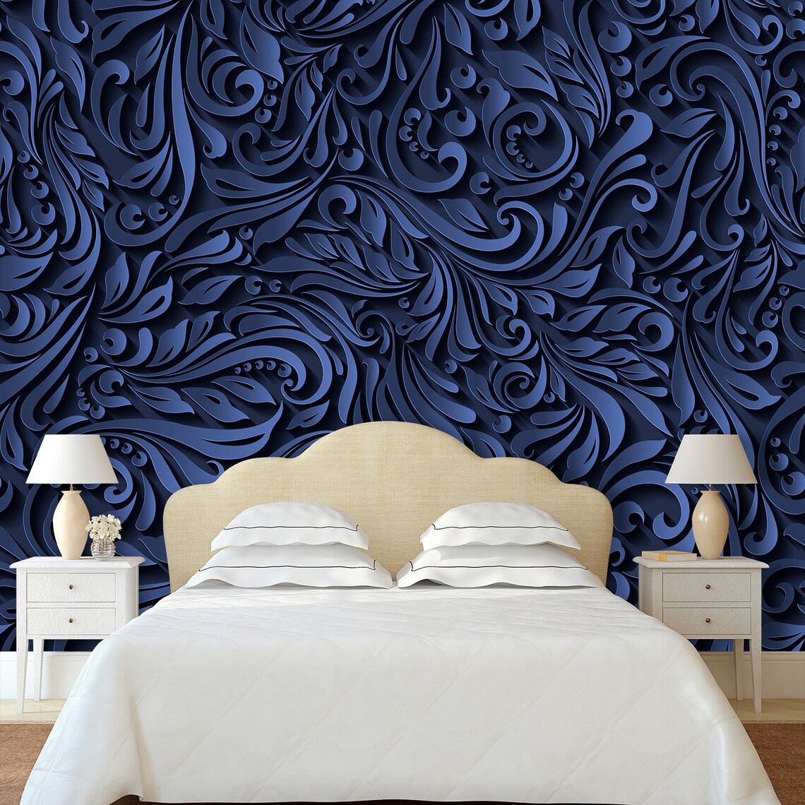 Navy Blue Floral Wallpaper 3D. Dark Wallpaper. Luxury Etsy