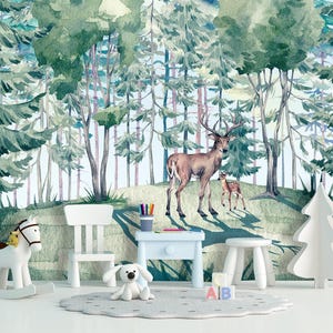 Watercolor Forest Wallpaper Kids Room, Woodland Animals Landscape Mural Nursery, Mountains Wallpaper Toddler Room, Hunting Wallpaper X105
