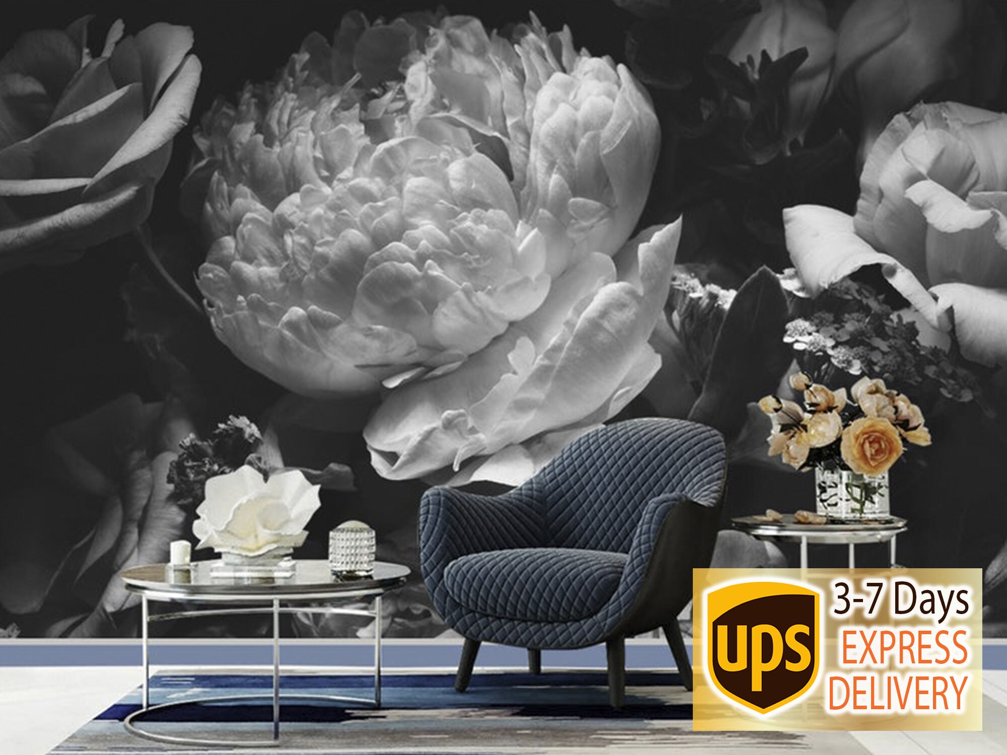 Large Peony Flower Wallpaper Black and White. Dark Floral - Etsy