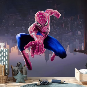 Superhero Spider Verse Wallpaper Peel Stick, Cartoon New York Сityscape Wallpaper Boys Room, Spiderman Wall Mural Nursery Kids Decor X139