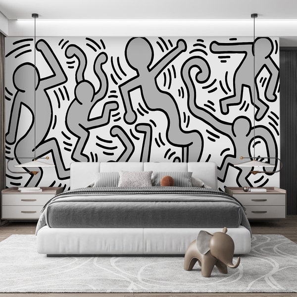 Graffiti Wallpaper Modern Teenager Boy, Haring Wallpaper Mural Teen Room, Monochrome Pop Art Adhesive Peel and Stick Bedroom T7