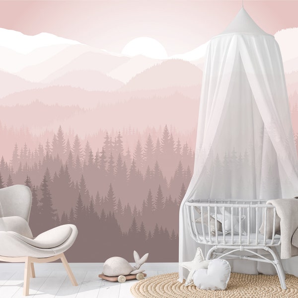 Soft Pink Forest Wallpaper Girl Nursery, Ombre Wallpaper Toddler Room, Mountain Wall Paper Mural Self Adhesive Peel and Stick X124