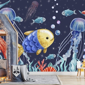 Dark Wallpaper Ocean Nursery, Underwater Watercolor Wallcovering Baby Room, Accent Wall Mural Toddler Play Game Room Landscape Marine X131