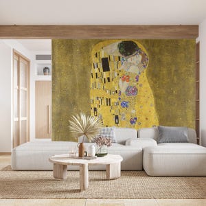 The Kiss by Gustav Klimt Wall Mural,  Modern Wallpaper Masterpiece, Impressionism Retro Wall Oil Paining Art Decor Bedroom, Living Room MM4