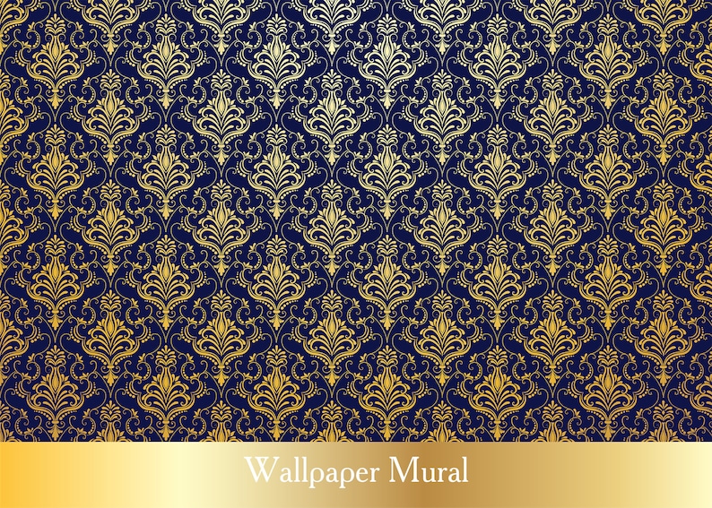Metallic Gold Navy Blue Wallpaper Damask Decor Baroque Etsy