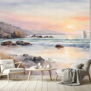 Sunrise Wallpaper Peel and Stick Marine Bedroom, Sunset Landscape Wall Mural Removable, Ombre Watercolor Nature Wall Decor Kids Room MM42