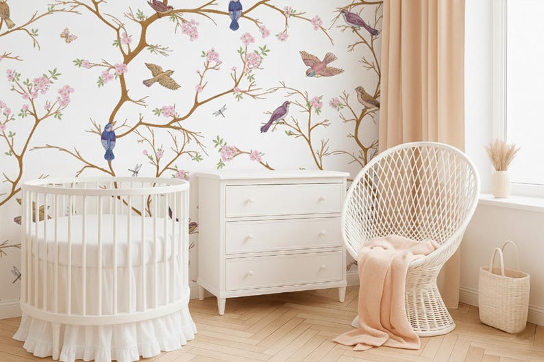 Chinoiserie Bird Nursery Wallpaper Peel and Stick With Blossoming ...