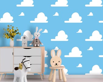 Woodland Clouds Wallpaper for Nursery. Playroom Wallpaper Removable Wallpaper Mural. Blue White Self Adhesive Wallpaper Peel and Stick X301