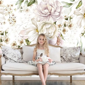 Peony & Wild Blossom Flower Wall Mural Bedroom, Custom Size Wallpaper Watercolor, Accent Pastel Color Floral Wallpaper Nursery Adhesive X113