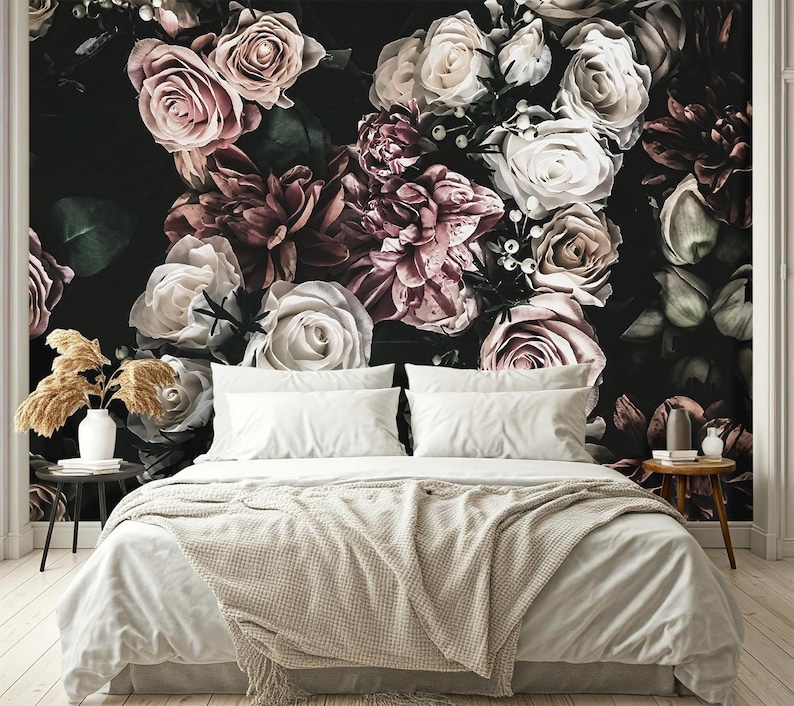 Watercolor Flower Wallpaper Bedroom. Dark Floral Wallpaper Removable Wallpaper Mural. Self Adhesive Wallpaper. Peel and Stick Wallpaper X183 imagen 7