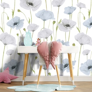 Blue Poppy Flower Wallpaper Peel and Stick Girl Room, Botanical Wallpaper Removable, Floral Wallpaper Bedroom Wall Paper Mural Adhesive XC87