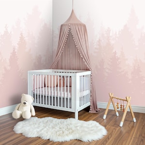 Pastel Pine Forest Wallpaper Baby Girl Nursery, Pink Woodland Wall Mural Toddler Playroom Decor, Hunting  Wall paper Kids Room Custom X779